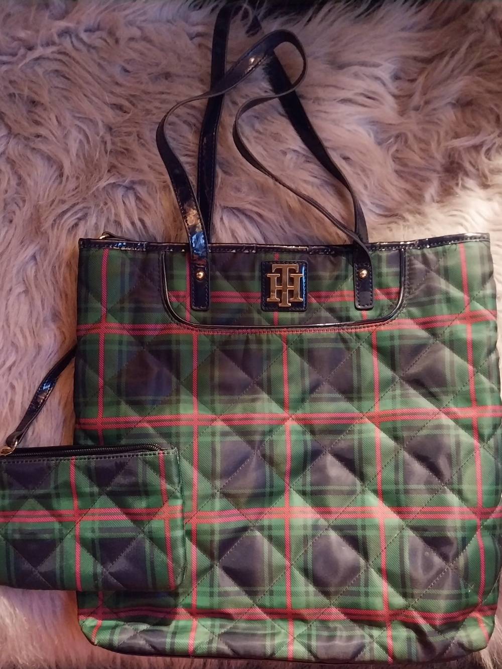 Tommy Hilfiger Green Plaid Quilted Tote with Wristlet